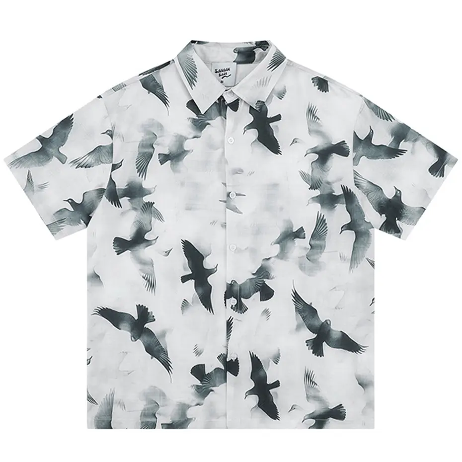Pigeon Graphic Shirts Men Japanese Harajuku Shirts Button Up Blouse Streetwear Hip Hop Oversized Shirts