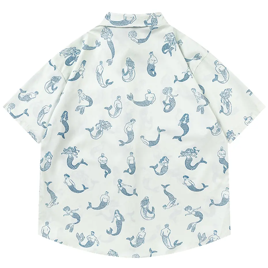Japan Style Men Shirts Mermaid Printed White Short Sleeve Shirts Fashion Casual Oversized Button Up Blouse Man