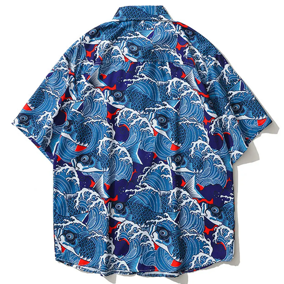 Koi Graphic Shirts Japanese Harajuku Oversized Shirts Men's Summer Casual Loose Button Up Blouse Hip Hop Shirts