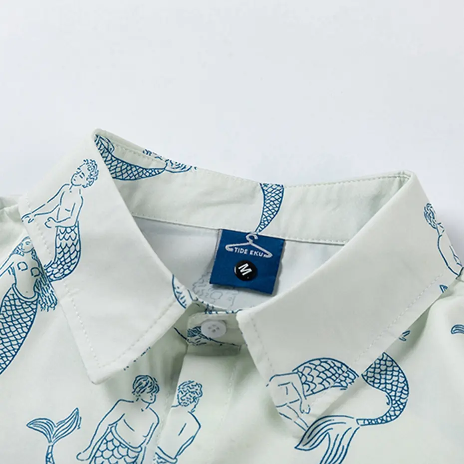 Japan Style Men Shirts Mermaid Printed White Short Sleeve Shirts Fashion Casual Oversized Button Up Blouse Man