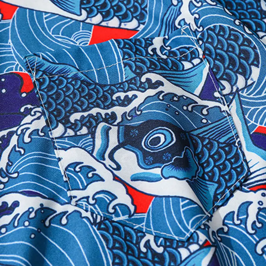 Koi Graphic Shirts Japanese Harajuku Oversized Shirts Men's Summer Casual Loose Button Up Blouse Hip Hop Shirts