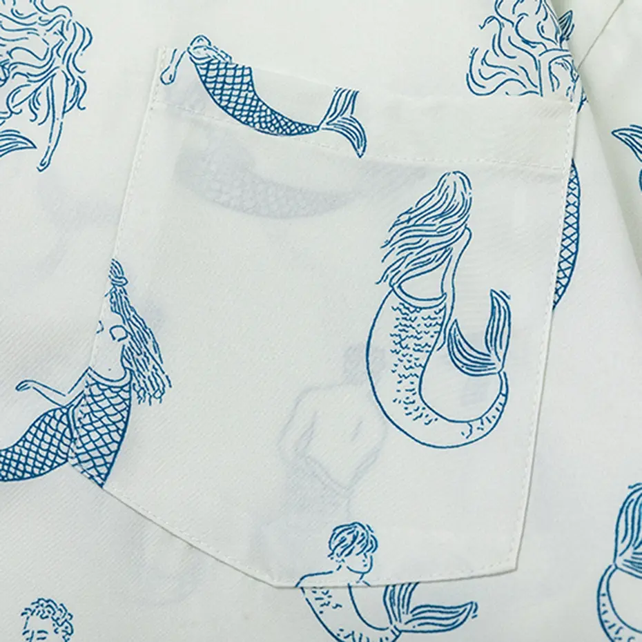 Japan Style Men Shirts Mermaid Printed White Short Sleeve Shirts Fashion Casual Oversized Button Up Blouse Man