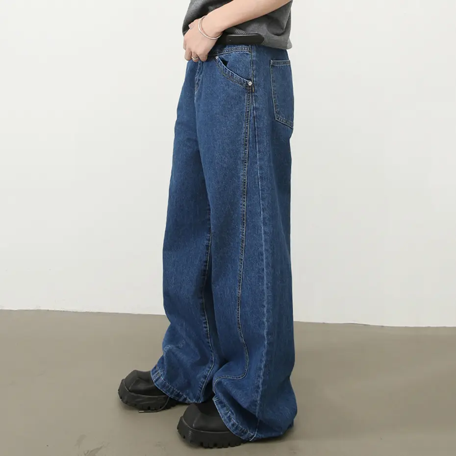 Spring Men Blue Straight Jeans Loose Casual Denim Pants Wide Leg Baggy Jeans Trousers