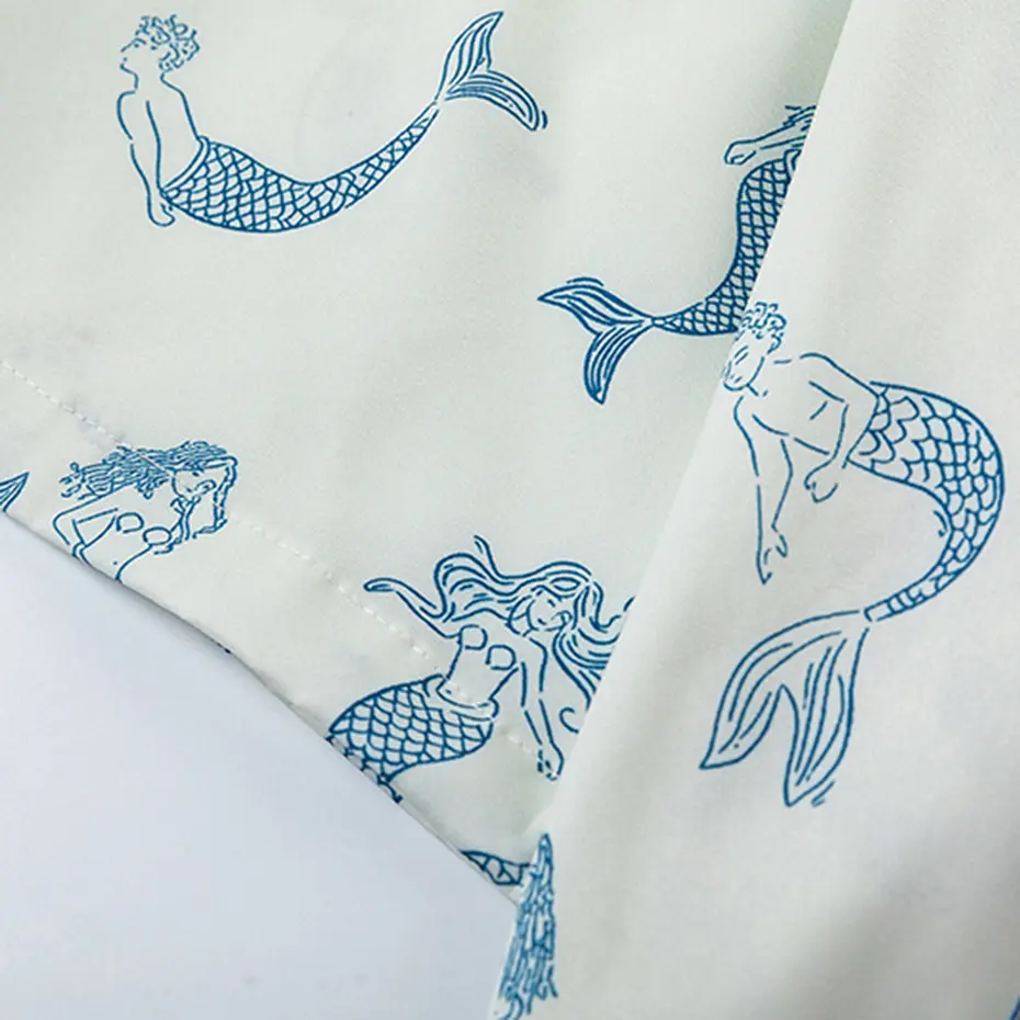 Japan Style Men Shirts Mermaid Printed White Short Sleeve Shirts Fashion Casual Oversized Button Up Blouse Man