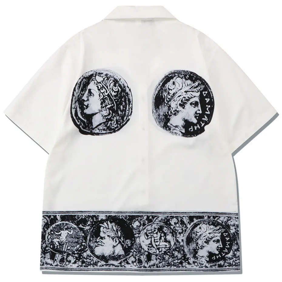 Vintage Graphic Shirts Men's Summer Casual Loose Shirts Short Sleeve Button Up Blouse Japan Harajuku Shirts