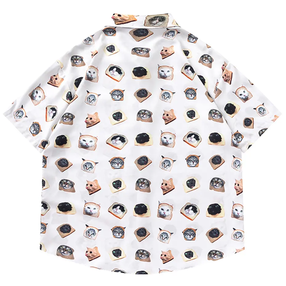 Funny Cat Printed Shirts 2024 Men Summer Fashion Loose Short Sleeve Shirts Button Up Blouse Harajuku Hip Hop Oversized Shirts