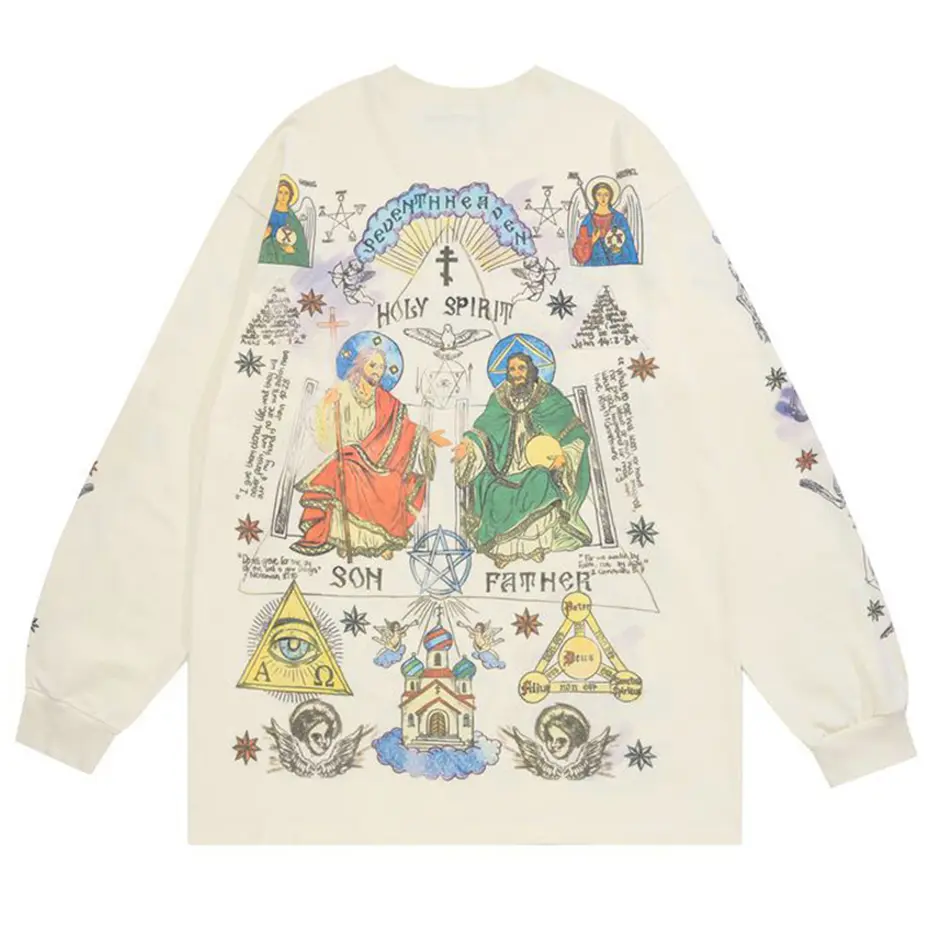 Men Retro Streetwear T Shirt Gods Graphic Hip Hop T-Shirt Cross Casual Tshirt Long Sleeve Cotton Tops Tees Unisex Hipster Beige