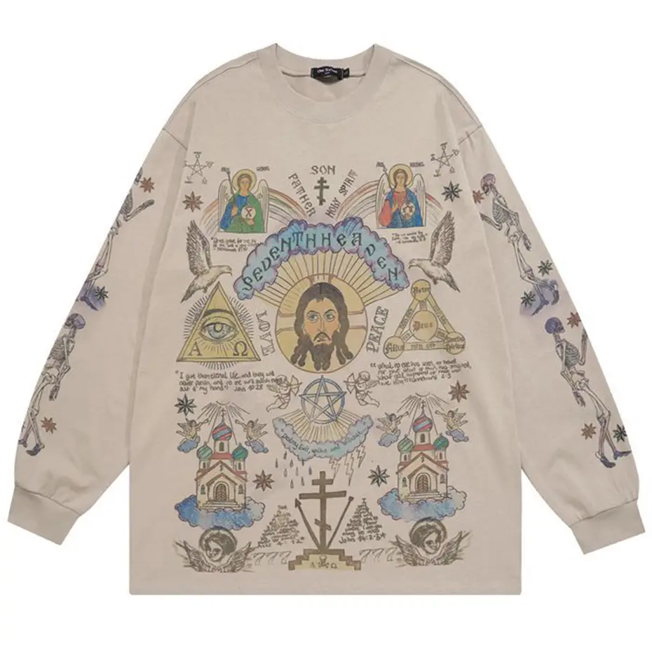 Men Retro Streetwear T Shirt Gods Graphic Hip Hop T-Shirt Cross Casual Tshirt Long Sleeve Cotton Tops Tees Unisex Hipster Beige