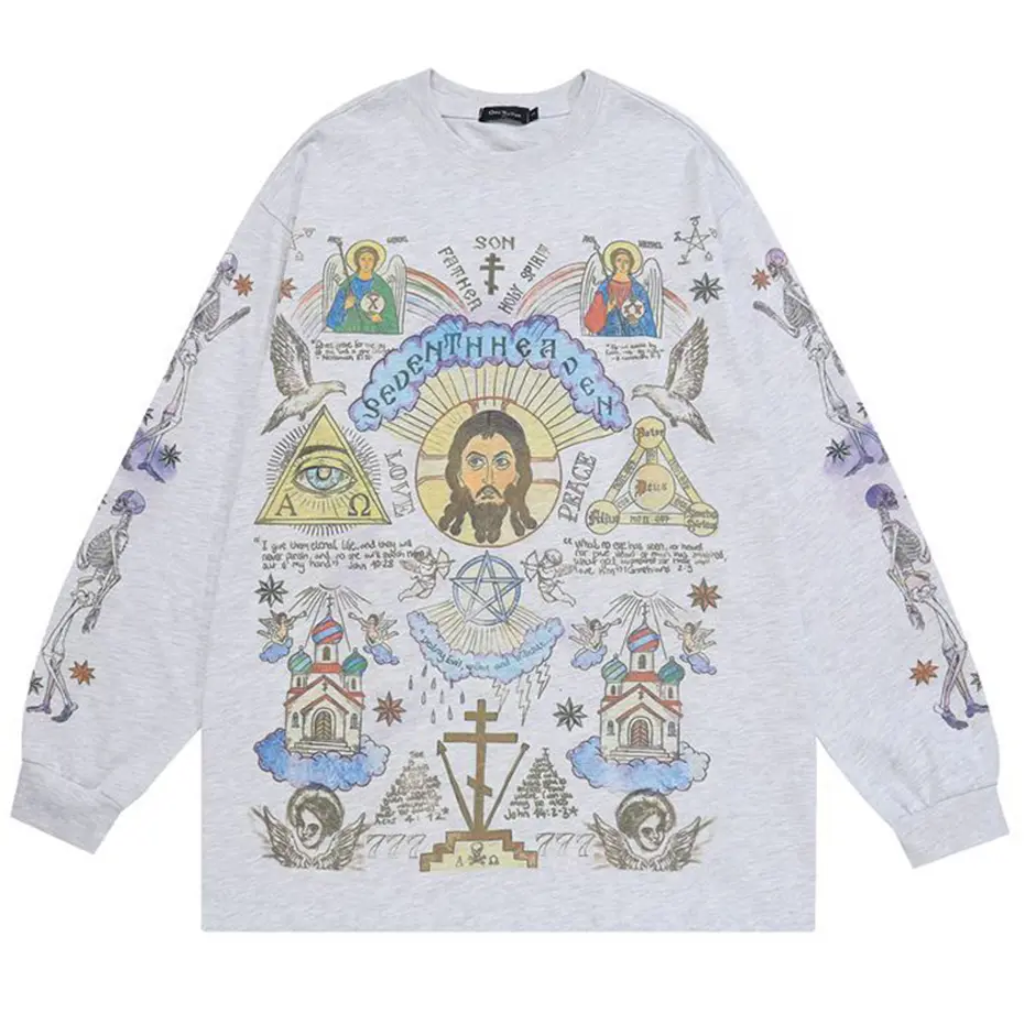 Men Retro Streetwear T Shirt Gods Graphic Hip Hop T-Shirt Cross Casual Tshirt Long Sleeve Cotton Tops Tees Unisex Hipster Beige