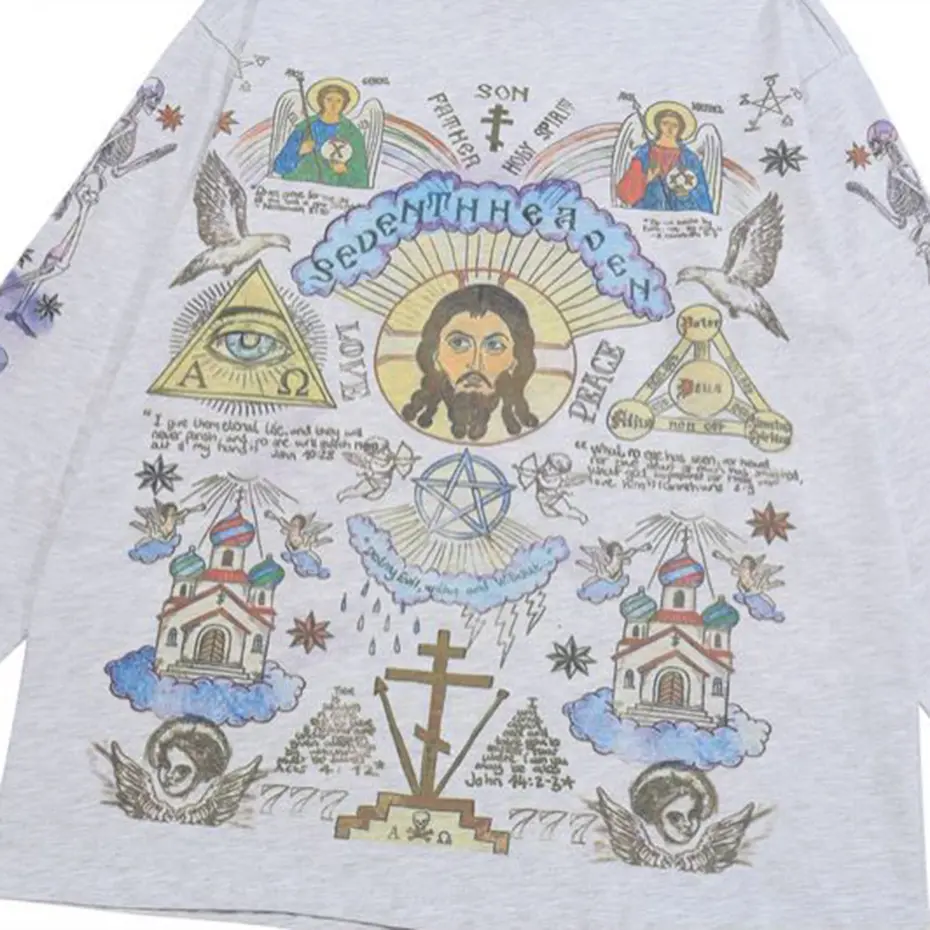 Men Retro Streetwear T Shirt Gods Graphic Hip Hop T-Shirt Cross Casual Tshirt Long Sleeve Cotton Tops Tees Unisex Hipster Beige