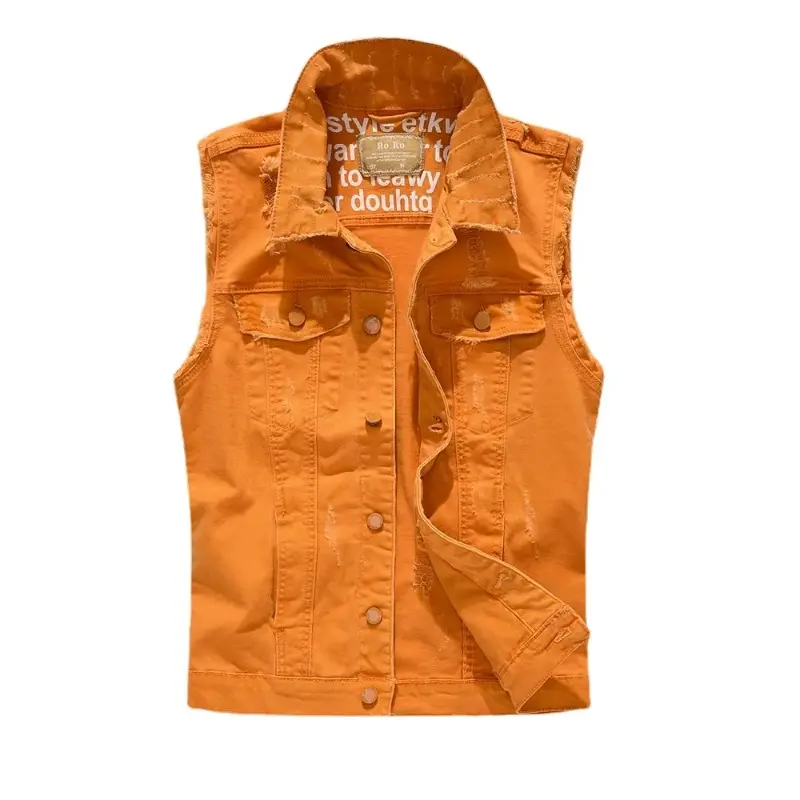 Men Slim Denim Vests Jackets Waistcoats Fashion Male Fit Blue Denim Coats Vests Street Wear Holes Jeans Vest Large Size Size 5XL