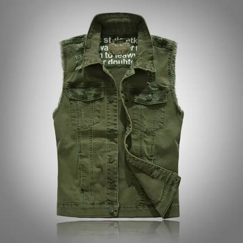 Men Slim Denim Vests Jackets Waistcoats Fashion Male Fit Blue Denim Coats Vests Street Wear Holes Jeans Vest Large Size Size 5XL