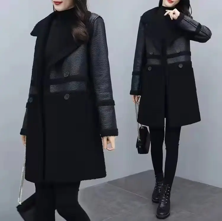 New Autumn Winter Women Fleece Warm Long Leather Trench Coats Double-faced Fur Jackets Double Sided Loose Casual Leather Jackets