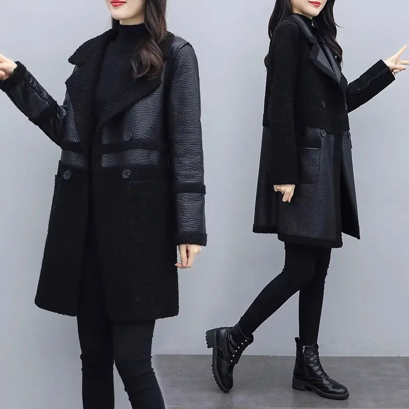 New Autumn Winter Women Fleece Warm Long Leather Trench Coats Double-faced Fur Jackets Double Sided Loose Casual Leather Jackets