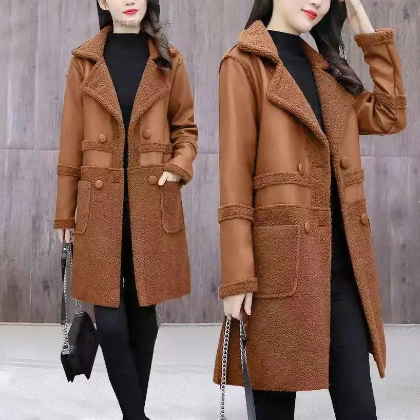 New Autumn Winter Women Fleece Warm Long Leather Trench Coats Double-faced Fur Jackets Double Sided Loose Casual Leather Jackets