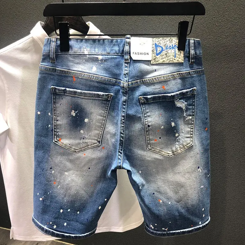 Men Light Blue Denim Shorts Summer Holes Shorts Jeans New Fashion Male Streetwear Stretch Jeans Shorts Pants Srtaight Fit Jeans