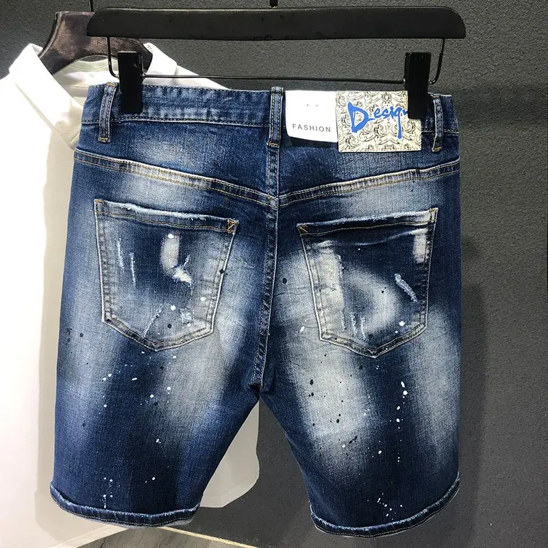 Men Light Blue Denim Shorts Summer Holes Shorts Jeans New Fashion Male Streetwear Stretch Jeans Shorts Pants Srtaight Fit Jeans