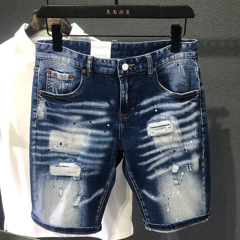 Men Light Blue Denim Shorts Summer Holes Shorts Jeans New Fashion Male Streetwear Stretch Jeans Shorts Pants Srtaight Fit Jeans