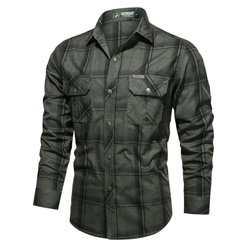 Men Plaid Casual Shirts Male Military Outdoor Loose Multi-pockets Tooling Shirts High Quality Man Large Long-sleeved Shirts 5XL