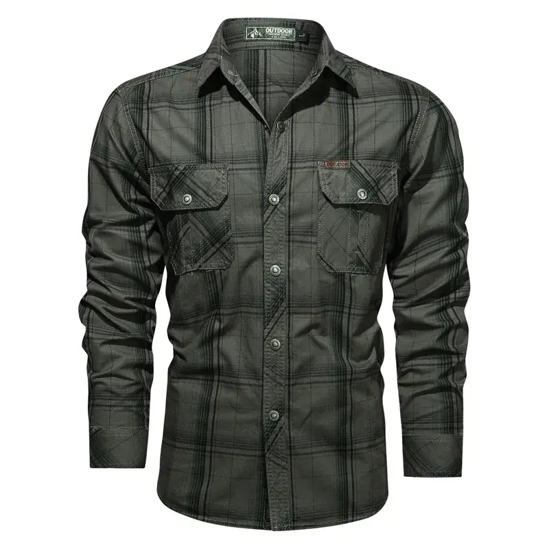 Men Plaid Casual Shirts Male Military Outdoor Loose Multi-pockets Tooling Shirts High Quality Man Large Long-sleeved Shirts 5XL