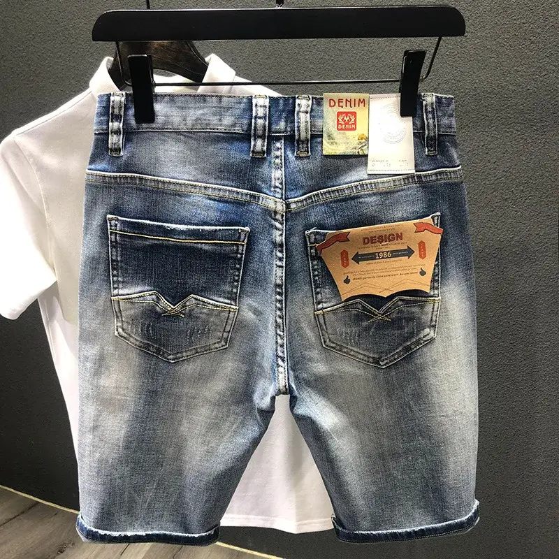 Men Light Blue Denim Shorts Summer Holes Shorts Jeans New Fashion Male Streetwear Stretch Jeans Shorts Pants Srtaight Fit Jeans