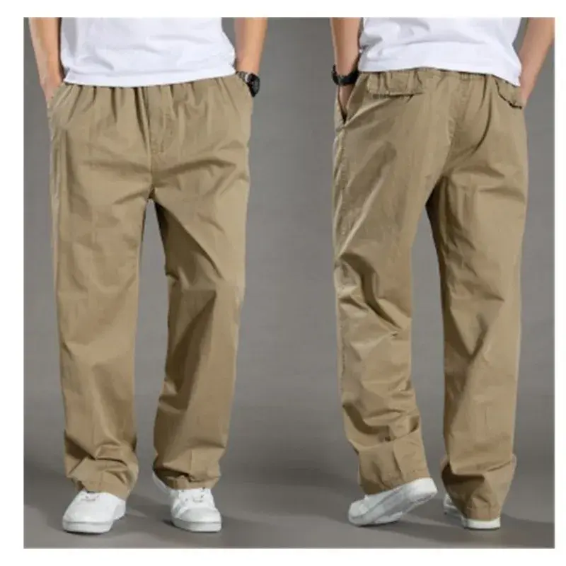 New Summer Men Cotton Thin Solid Loose Straight Casual Trousers Good Quality Male Wide Leg Elastic Waist Long Pants Larg Size 6X