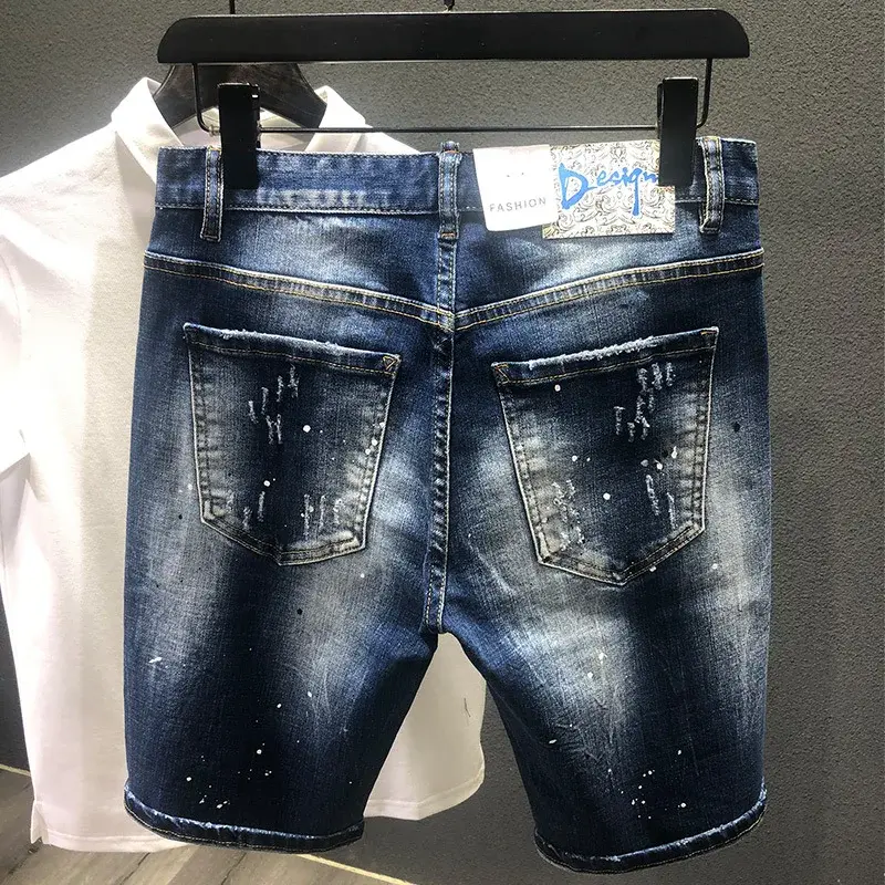 Men Fashion Denim Shorts Holes Jeans New Summer Male Blue Ripped Jeans Shorts High Quality Man Straight Fit Denim Shorts Size 38