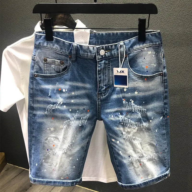 Men Fashion Denim Shorts Holes Jeans New Summer Male Blue Ripped Jeans Shorts High Quality Man Straight Fit Denim Shorts Size 38