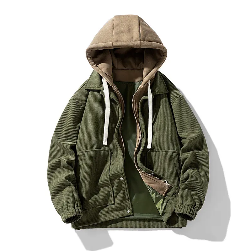 New Fashion Men Hooded Winter Corduroy Jackets Fleece Warm Down Jackets Male Fake Two-piece Sweatshirt Jackets Coats Size 4XL