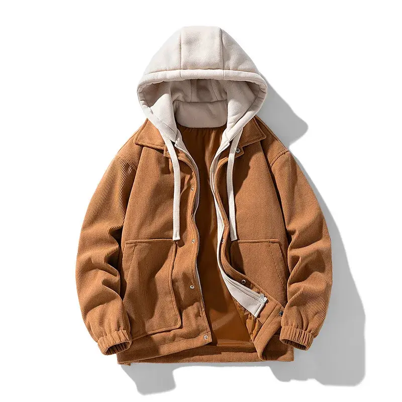 New Fashion Men Hooded Winter Corduroy Jackets Fleece Warm Down Jackets Male Fake Two-piece Sweatshirt Jackets Coats Size 4XL
