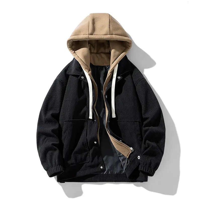 New Fashion Men Hooded Winter Corduroy Jackets Fleece Warm Down Jackets Male Fake Two-piece Sweatshirt Jackets Coats Size 4XL