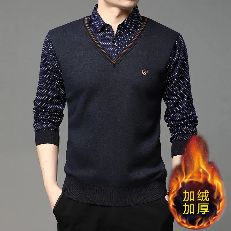 New Autumn Men Twinset Shirts Sweaters Knitted Pullovers Casual Shirts Collar Cardigans Sweaters Male Fleece Warm Sweaters 4XL
