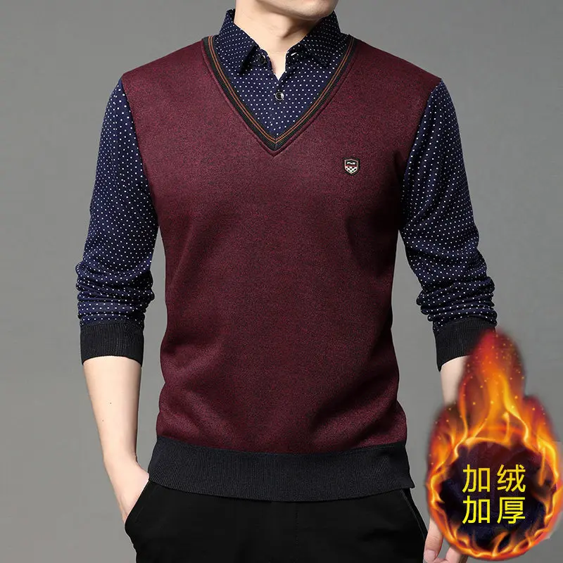New Autumn Men Twinset Shirts Sweaters Knitted Pullovers Casual Shirts Collar Cardigans Sweaters Male Fleece Warm Sweaters 4XL