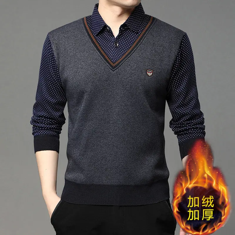 New Autumn Men Twinset Shirts Sweaters Knitted Pullovers Casual Shirts Collar Cardigans Sweaters Male Fleece Warm Sweaters 4XL
