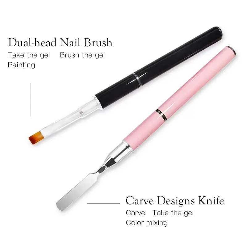 LINMANDA Gel Nail Brush Stainless Steel Dual-Ended Nail Art Brushes 2 in 1 Design Flat Gel Nail Art Slice Builder Gel Brush Tool