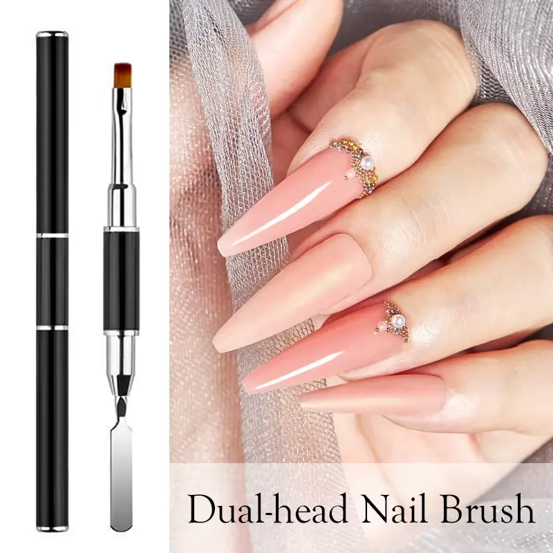 LINMANDA Gel Nail Brush Stainless Steel Dual-Ended Nail Art Brushes 2 in 1 Design Flat Gel Nail Art Slice Builder Gel Brush Tool