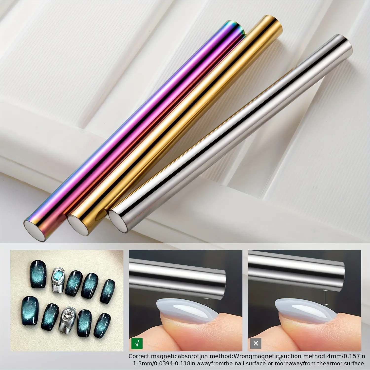 LINMANDA Cat Eye Magnet for Nails Double-Ended Iridescent and Gold Cylindrical Strong Nail Magnet for Cat Eye Gel Nail Polish