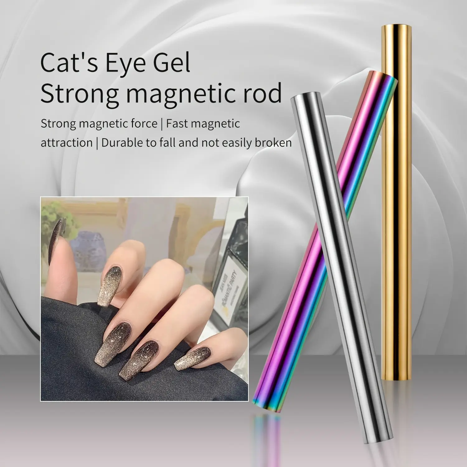 LINMANDA Cat Eye Magnet for Nails Double-Ended Iridescent and Gold Cylindrical Strong Nail Magnet for Cat Eye Gel Nail Polish