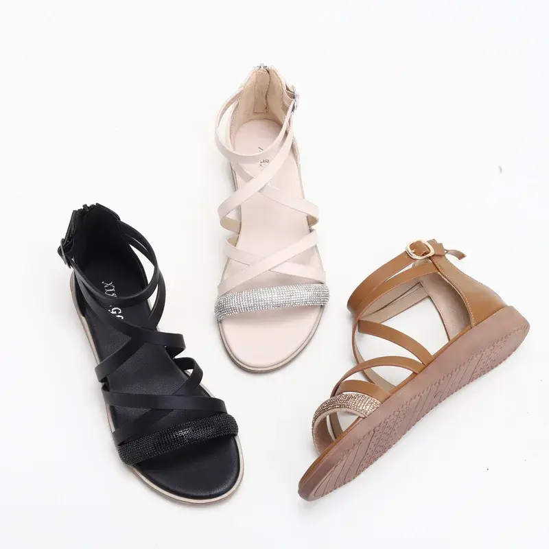 XIHAHA Women High Quality New Arrivals Summer Woman Fashion Comfortable Heel Pressure Drilling Niche Word Roman Sandals Sneaker