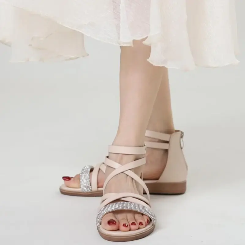 XIHAHA Women High Quality New Arrivals Summer Woman Fashion Comfortable Heel Pressure Drilling Niche Word Roman Sandals Sneaker