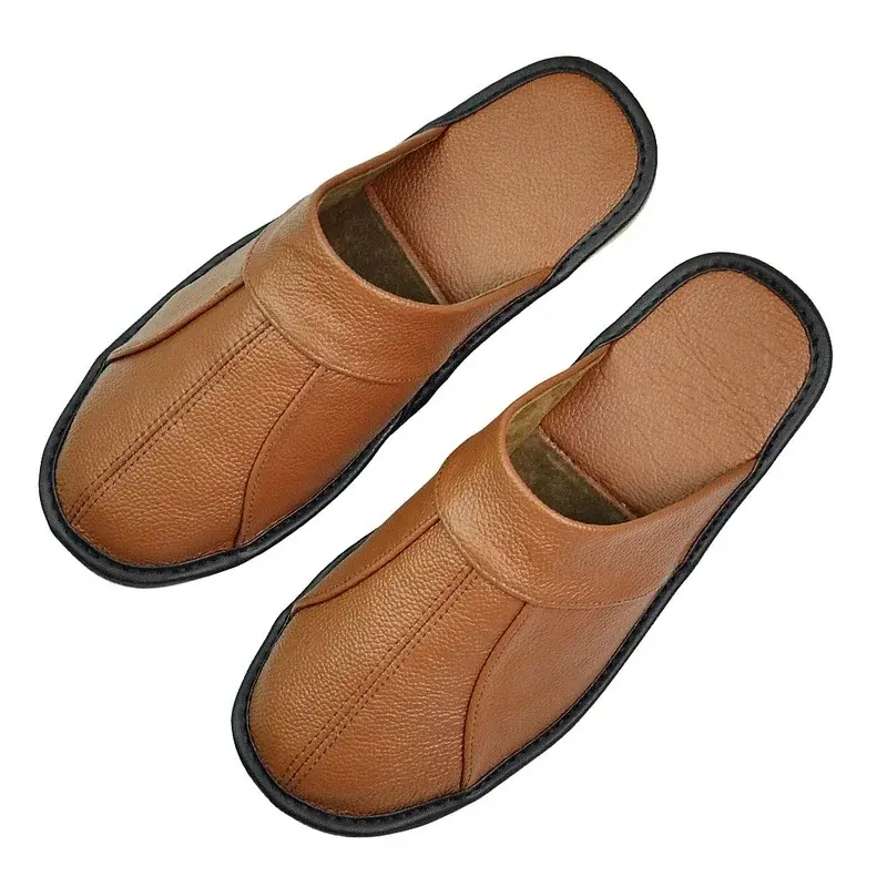Men's Luxury Cow Split Leather Handmade Shoes Men Home Slippers Spring Slip on Soft Comfortable Brown Bedroom Indoor Flat Shoes
