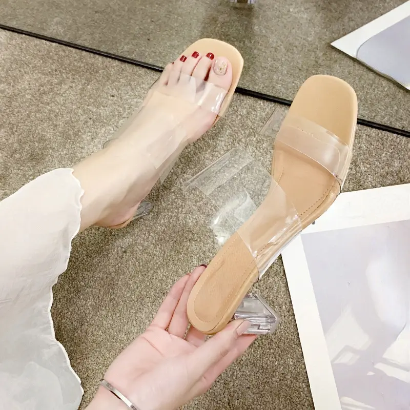 XIHAHA Crystal Clear Transparent Heel Slippers Female Shoes Middle Heels Comfortable New Summer Women Fashion Mules Slides