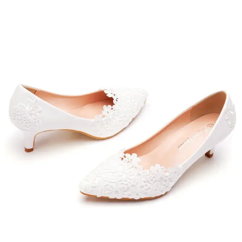 XIHAHA Fashion Women's Crystal Queen White Lace Flower Wedding Shoes Woman Point Toe Slips Lady Dress Flats Sneaker Big Size 43