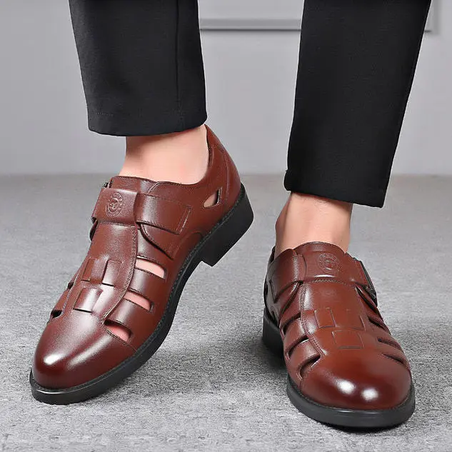 XIHAHA Summer Hollow Leather Shoes Men Casual Leather Sandals Breathable Hole Shoe Sandals Mens slippers Hombre  Shoes 2023