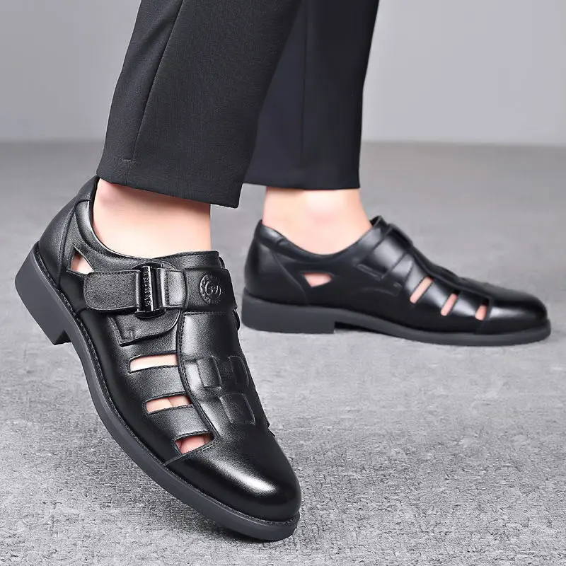 XIHAHA Summer Hollow Leather Shoes Men Casual Leather Sandals Breathable Hole Shoe Sandals Mens slippers Hombre  Shoes 2023