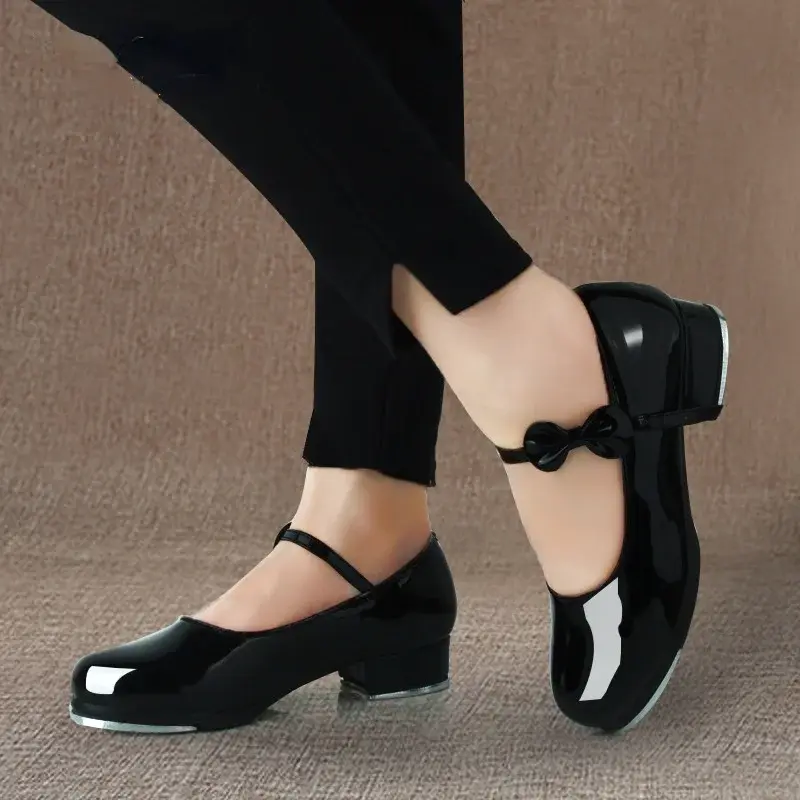 XIHAHA New Women Tap Dance Shoes Shiny PU Leather  Woman Glossy Bow Tie Kids Tap Shoes Teacher Stage Dance Girls Shoes