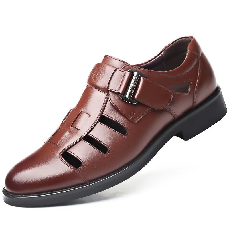XIHAHA Summer Hollow Leather Shoes Men Casual Leather Sandals Breathable Hole Shoe Sandals Mens slippers Hombre  Shoes 2023