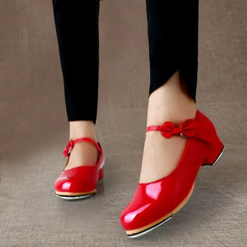 XIHAHA New Women Tap Dance Shoes Shiny PU Leather  Woman Glossy Bow Tie Kids Tap Shoes Teacher Stage Dance Girls Shoes