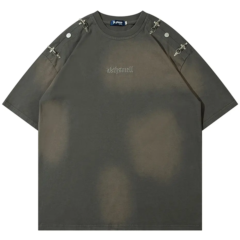 Men Harajuku Vintage T Shirts 2024 Streetwear Hip Hop Oversized T-shirts Metal Button Retro Loose Short Sleeve Tee Shirt Male