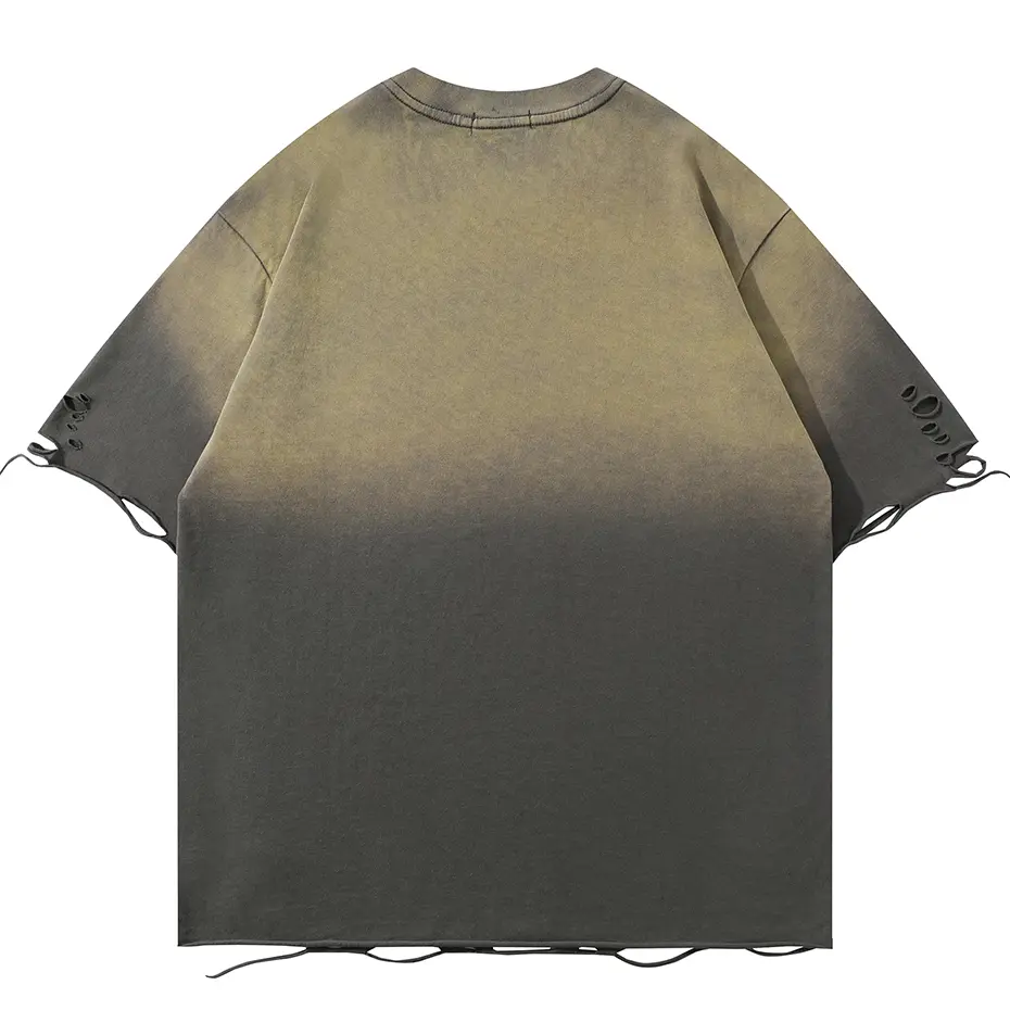 Distressed Ripped T Shirts Metal Star Tee Emrboidery Vintage Loose Tshirt 2025 Men Harajuku Streetwear Oversized Hip Hop T-shirt